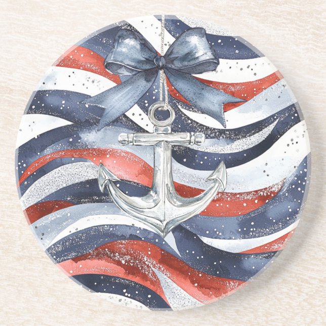 Nautical Red White Blue Bow Anchor Coaster (Front)