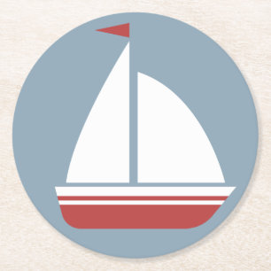 Nautical Red White & Blue Sailboat - Ocean Beach Round Paper Coaster