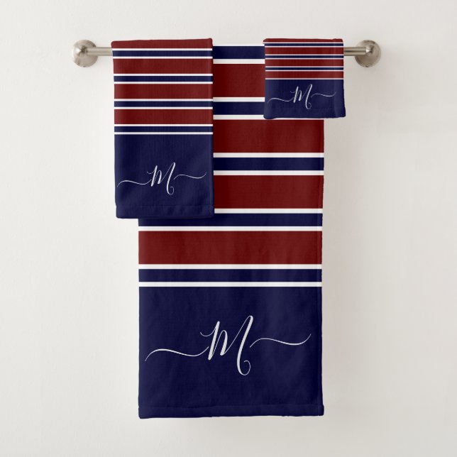 Nautical Red White Blue Striped Monogram Name Bath Towel Set (Insitu)