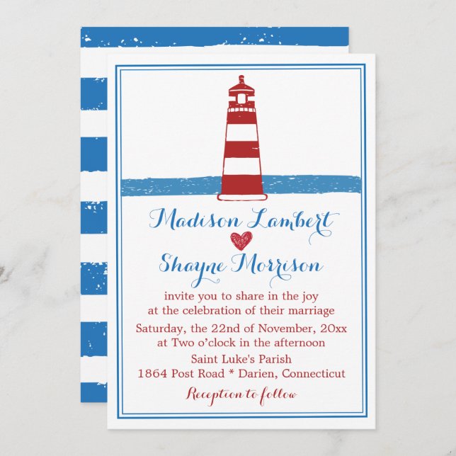 Nautical Red White Lighthouse Blue Stripes Wedding Invitation (Front/Back)