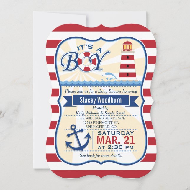 Nautical Red &amp; White Lighthouse Boy Baby Shower Invitation (Front)