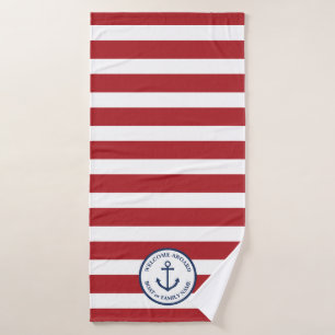 Nautical Red White Striped Anchor Personalised Bath Towel