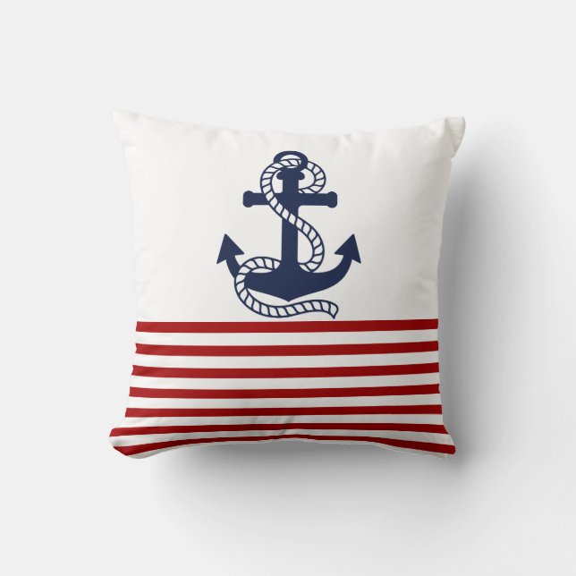 Nautical Red White Stripes and Blue Anchor Cushion (Front)