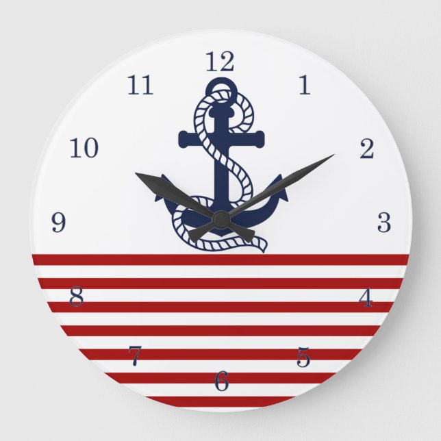 Nautical Red White Stripes and Blue Anchor Large Clock (Front)