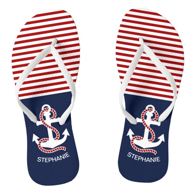 Nautical Red White Stripes and White Anchor Jandals (Footbed)