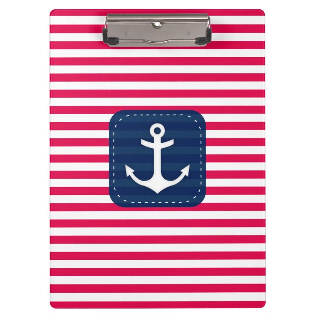 Nautical Red White Stripes Navy Blue Banner Anchor Clipboard (Front)