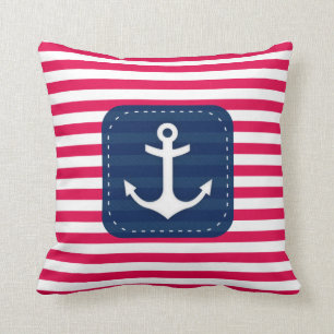 Nautical Red White Stripes Navy Blue Banner Anchor Cushion