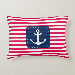 Nautical Red White Stripes Navy Blue Banner Anchor Decorative Cushion