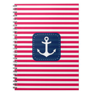 Nautical Red White Stripes Navy Blue Banner Anchor Spiral Notebook