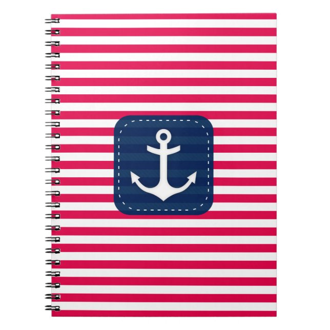 Nautical Red White Stripes Navy Blue Banner Anchor Spiral Notebook (Front)