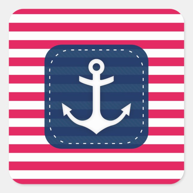 Nautical Red White Stripes Navy Blue Banner Anchor Square Sticker (Front)