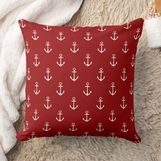 Nautical Red With White Anchors Cushion (Blanket)
