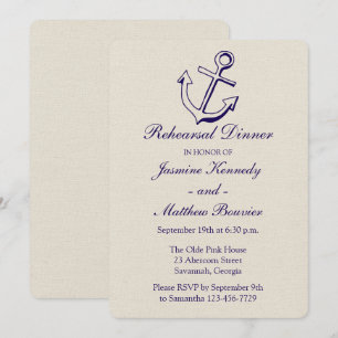 Nautical Rehearsal Dinner Anchor Navy Blue & Tan Invitation