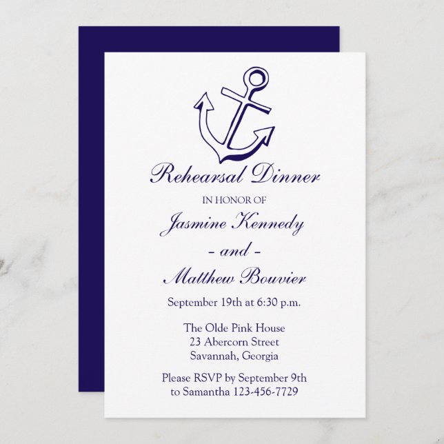 Nautical Rehearsal Dinner Navy Blue Ship Anchor Invitation (Front/Back)