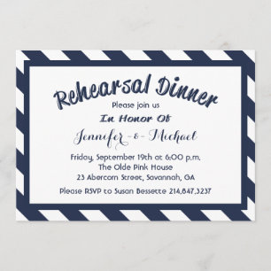 Nautical Rehearsal Dinner Navy Blue & White Stripe Invitation