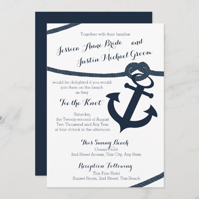 Nautical Rope and Anchor Dark Navy Wedding Invitation (Front/Back)