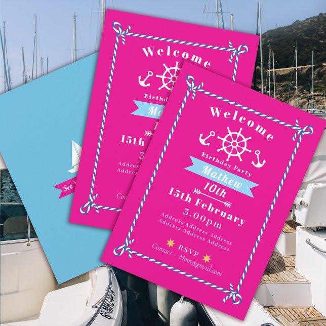 Nautical Rope Birthday Pink Invitation (Nautical Rope Birthday Invitation Pink Card.)
