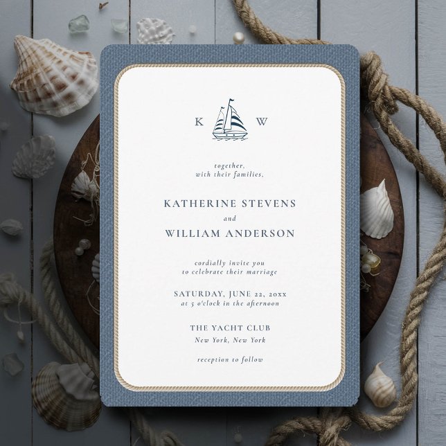 Nautical Rope Frame Blue Burlap Monograms Wedding Invitation (simple beach boat wedding invitation nautical rope burlap white navy modern classic minimalist)