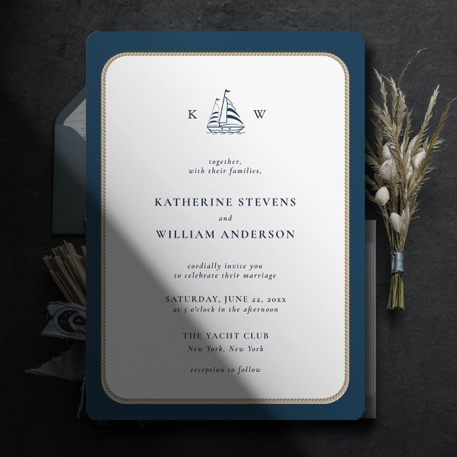 Nautical Rope Frame Navy White Monograms Wedding Invitation (simple beach boat wedding invitation nautical rope white navy modern classic minimalist)