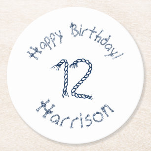 Nautical rope knots blue white birthday custom round paper coaster