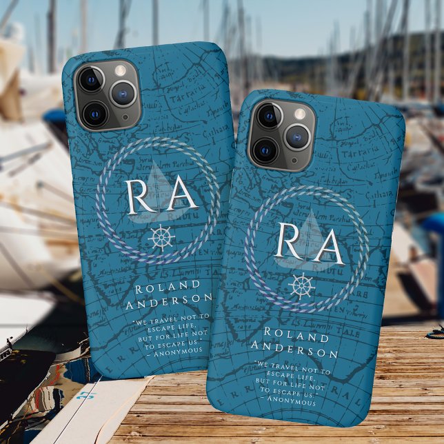 Nautical Rope Monogram Map Blue Case-Mate iPhone Case (Nautical Map Monogram Traveller Blue iPhone Case.)