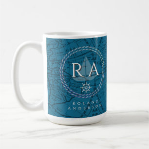 Nautical Rope Monogram Map Blue Coffee Mug