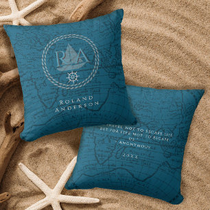 Nautical Rope Monogram Map Blue Cushion