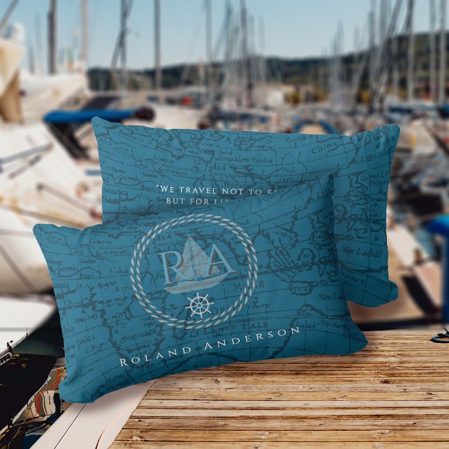 Nautical Rope Monogram Map Blue Lumbar Cushion (Nautical Map Monogram Traveller Blue Accent Pillow.)