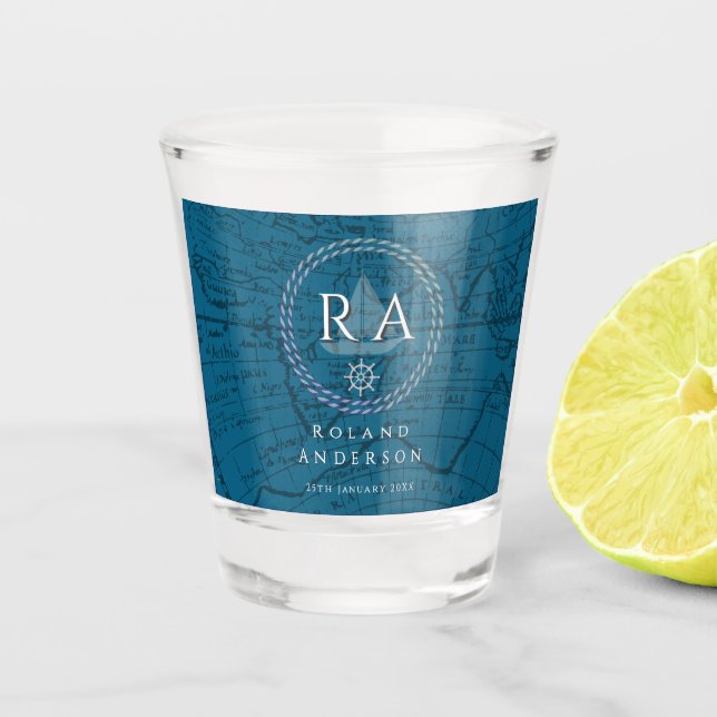 Nautical Rope Monogram Map Blue Shot glass (Front)