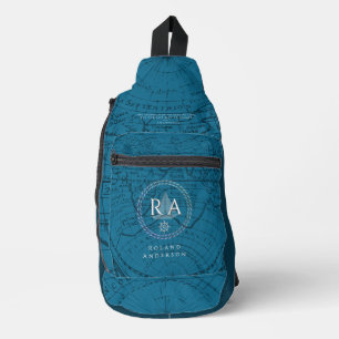 Nautical Rope Monogram Map Blue Sling Bag