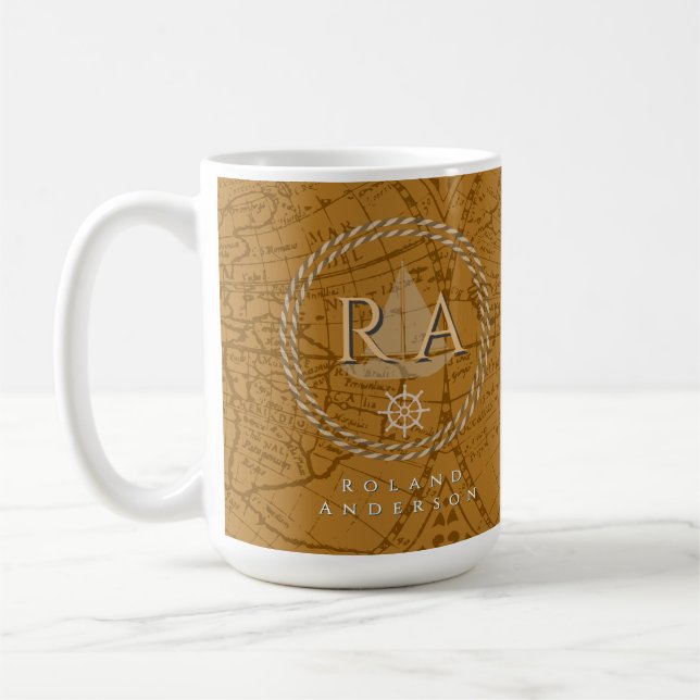 Nautical Rope Monogram Map Brown Coffee Mug (Left)