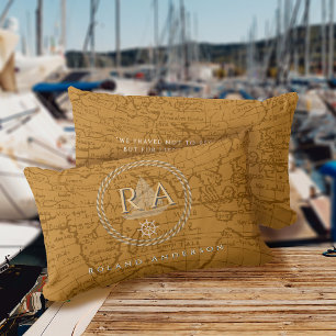 Nautical Rope Monogram Map Brown Lumbar Cushion