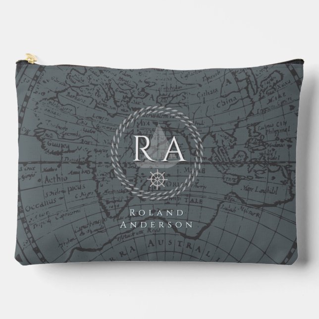 Nautical Rope Monogram Map Grey Accessory Pouch (Front)