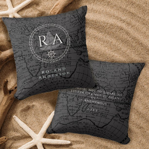 Nautical Rope Monogram Map Grey Cushion