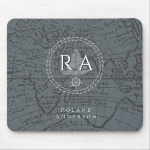 Nautical Rope Monogram Map Grey Mouse Pad