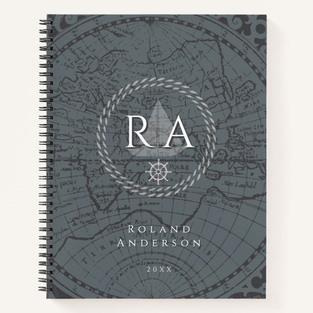 Nautical Rope Monogram Map Grey Notebook (Front)