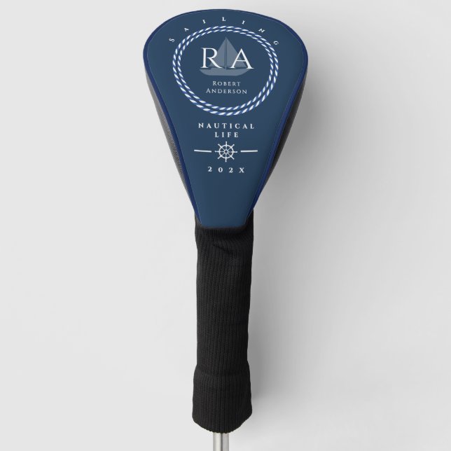 Nautical Rope Monogram Navy Golf Head Cover (Front)