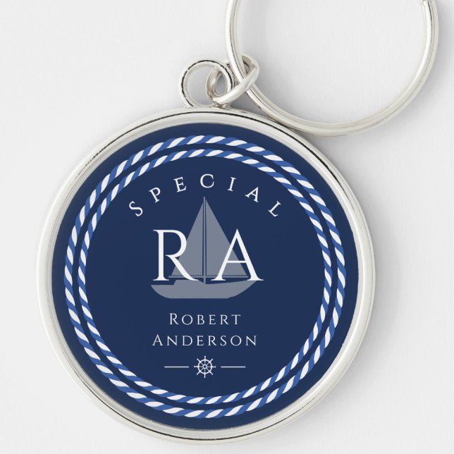 Nautical Rope Monogram Navy Key Ring (Front)