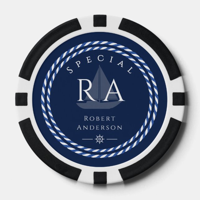 Nautical Rope Monogram Navy Poker Chips (Front)