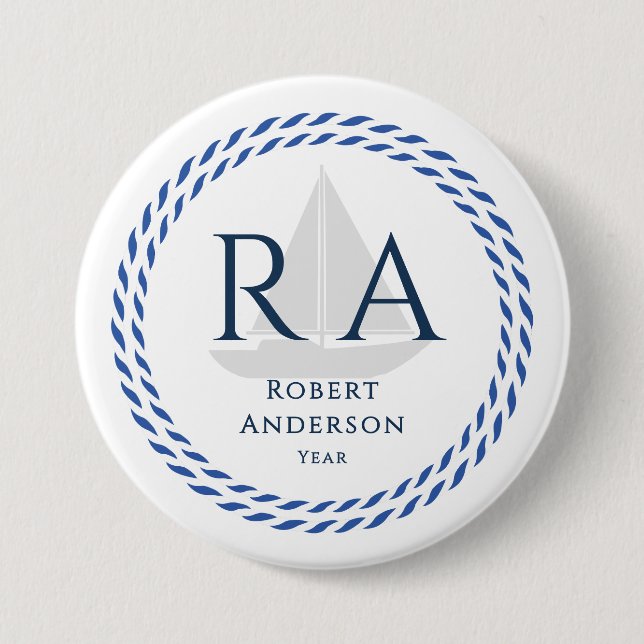 Nautical Rope Monogram White 7.5 Cm Round Badge (Front)