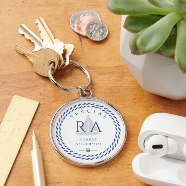 Nautical Rope Monogram White Key Ring (Desk)