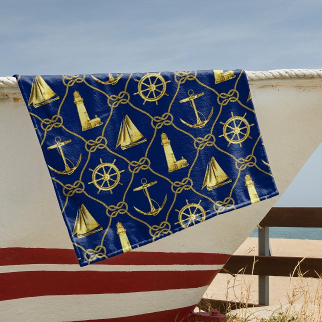 Nautical Rope Navy Blue and Gold Rope Beach Towel (Creator Uploaded)