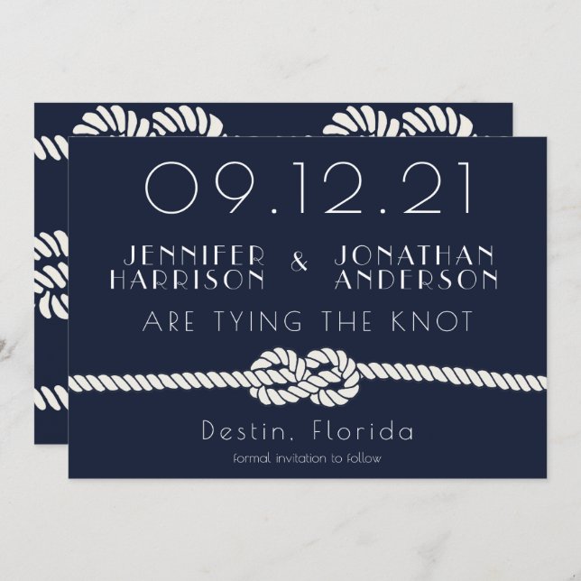 Nautical Rope Navy White Beach Wedding Typography  Save The Date (Front/Back)