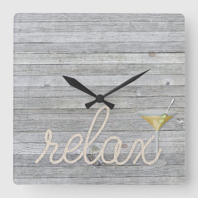 nautical rope on wood with martini and relax text square wall clock (Front)