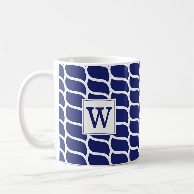Nautical Rope Pattern Navy Blue Monogram Coffee Mug (Left)