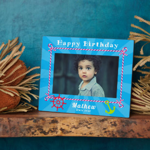 Nautical Rope Photo Birthday Bright Blue Plaque