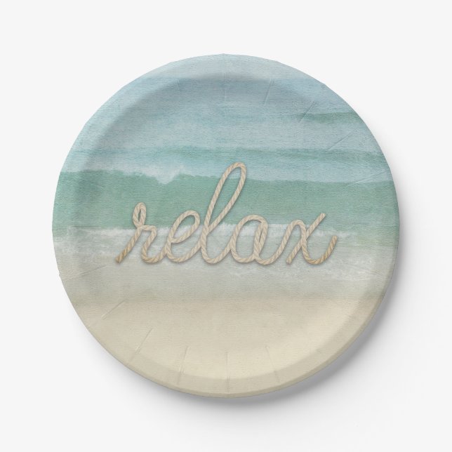 Nautical Rope Relax Text on Ocean Paper Plate (Front)