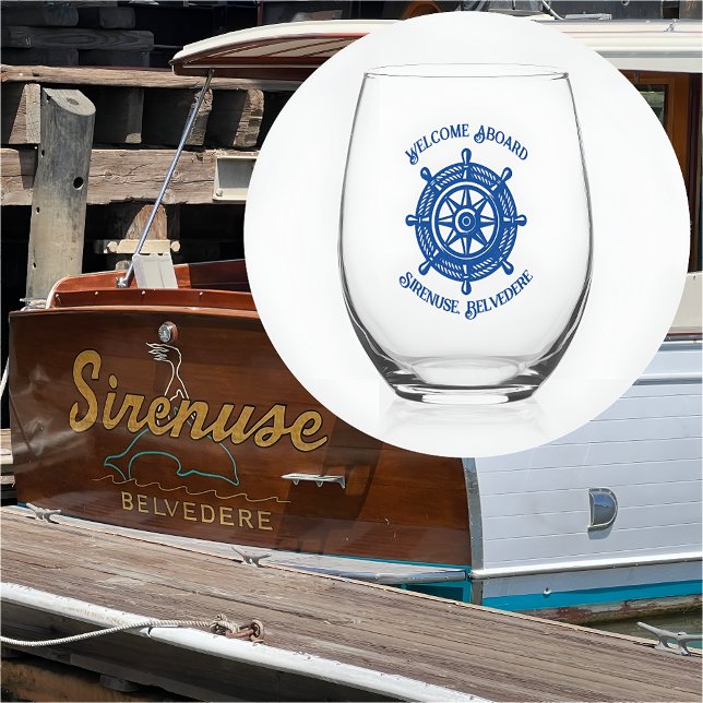 Nautical Rope Ship Wheel Boat Name Welcome Aboard  Stemless Wine Glass (Creator Uploaded)