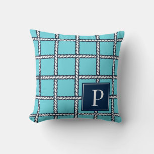 Nautical Rope Weave –  Turquoise Coastal Monogram Cushion
