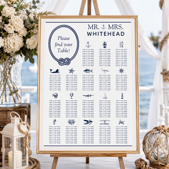 Nautical Rope Wedding Seating 18 Table Chart (This seating chart in a nautical theme has symbols that represent the guest tables.)